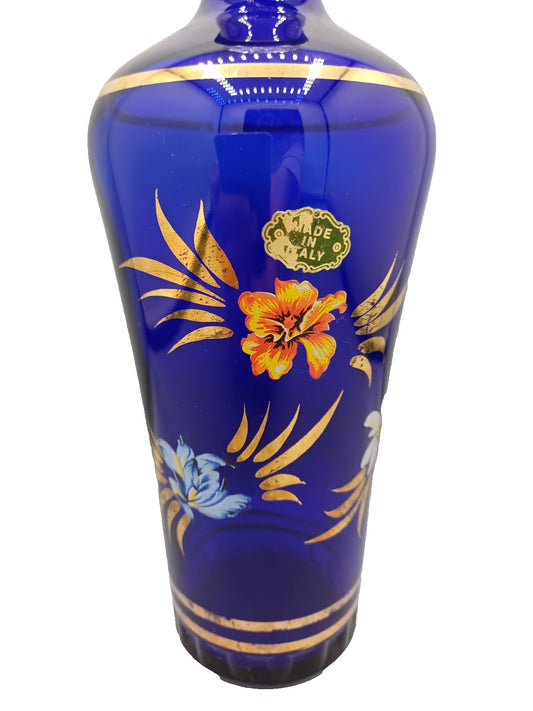 Carafe en verre bleu cobalt - Made in Italy - Décor floral