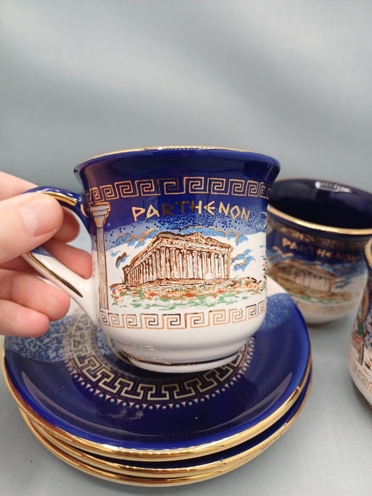 Lot de 3 tasses avec coupelles – Parthenon – Grèce – Dorure 24 carats