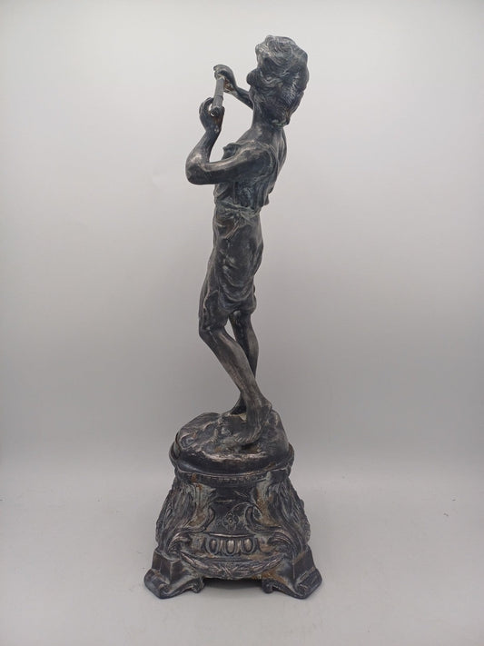 Statue en Régule Argenté – Femme musicienne - Vintage - Décoration Intérieur AR CONCEPT