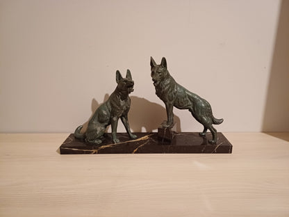 Magnifique Statue en Régule sur Socle en Marbre - Représentation de Loups AR CONCEPT