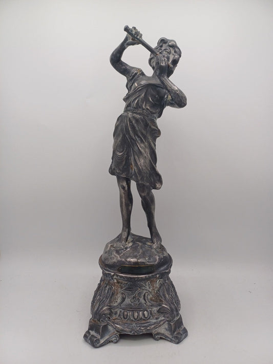 Statue en Régule Argenté – Femme musicienne - Vintage - Décoration Intérieur AR CONCEPT