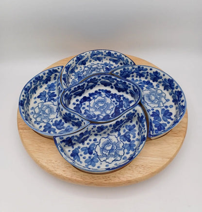 Plateau Tournant à Apéritifs – 5 Compartiments – Décor Floral Bleu Style Delft AR CONCEPT