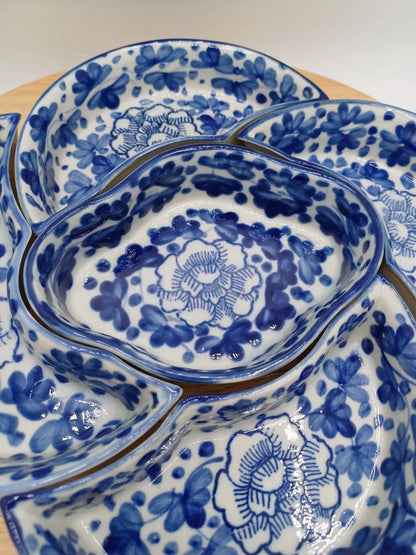 Plateau Tournant à Apéritifs – 5 Compartiments – Décor Floral Bleu Style Delft AR CONCEPT