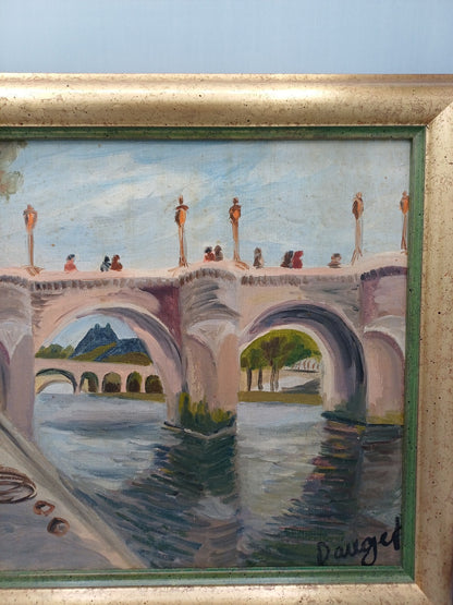 Tableau peinture à l’huile – Signé Dauget – “Le Pont Neuf et le Louvre” (1978)