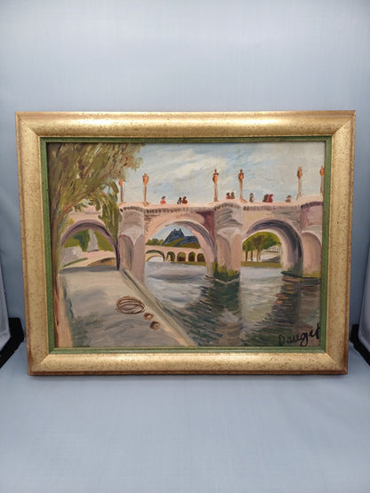 Tableau peinture à l’huile – Signé Dauget – “Le Pont Neuf et le Louvre” (1978)