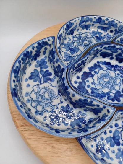 Plateau Tournant à Apéritifs – 5 Compartiments – Décor Floral Bleu Style Delft AR CONCEPT