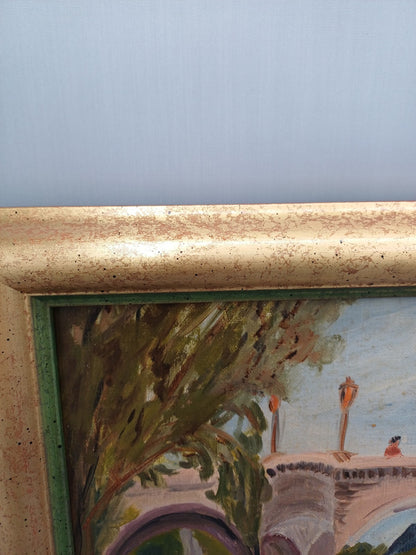 Tableau peinture à l’huile – Signé Dauget – “Le Pont Neuf et le Louvre” (1978)