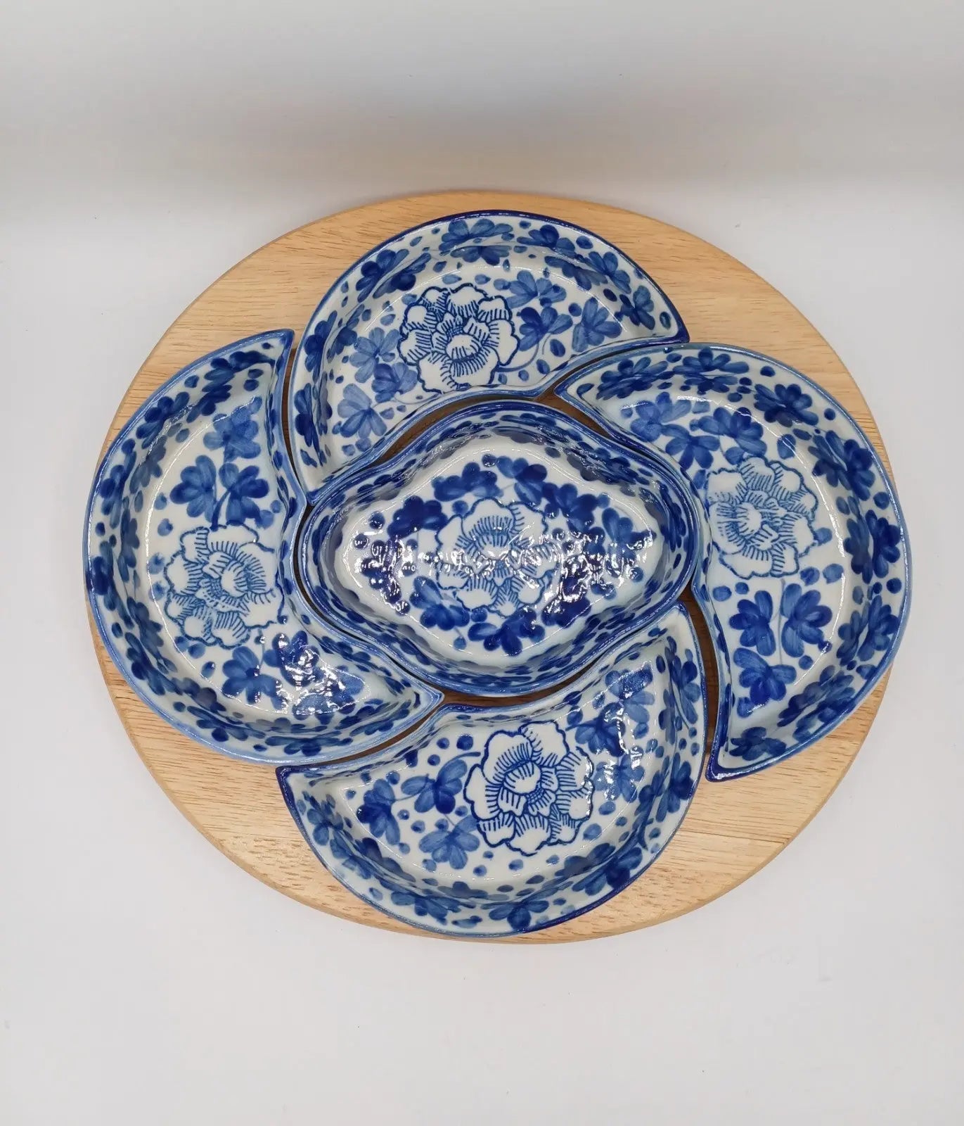 Plateau Tournant à Apéritifs – 5 Compartiments – Décor Floral Bleu Style Delft AR CONCEPT
