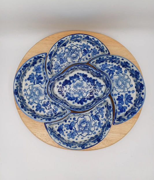 Plateau Tournant à Apéritifs – 5 Compartiments – Décor Floral Bleu Style Delft AR CONCEPT